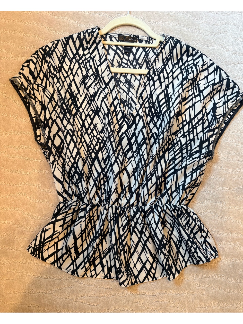 Aqua Black and White Abstract Print Peplum Top